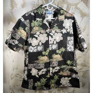 Vintage RJC Hawaiian Shirt XL Black Island Hut Hibiscus Floral Aloha Button Up